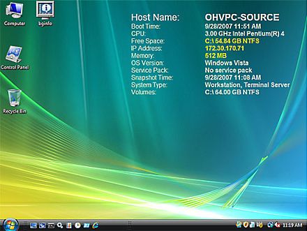 BGInfo desktop system information display showing computer name, IP address, and OS details on a Windows desktop background
