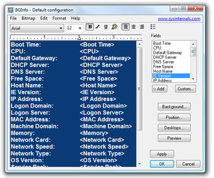 BGInfo configuration dialog window with field selection checkboxes and formatting options
