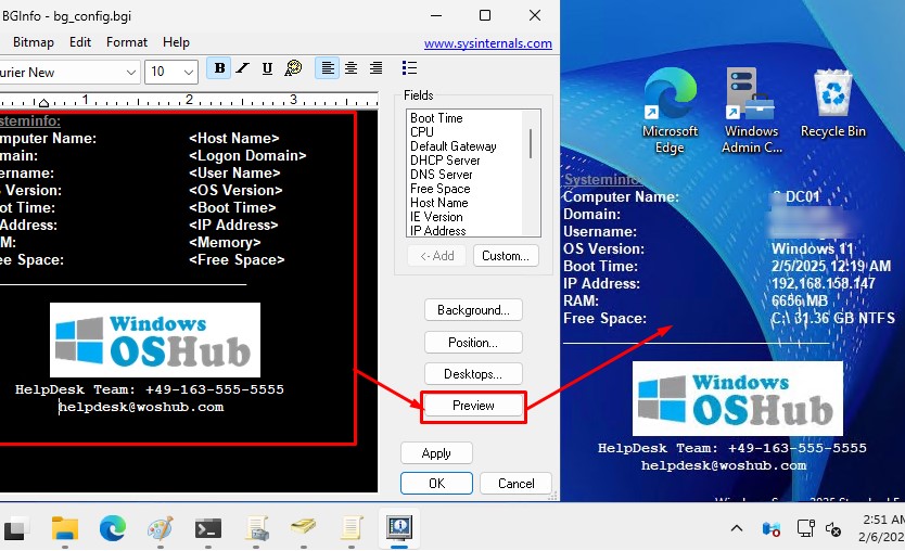 BGInfo template text editor for customizing desktop background information layout
